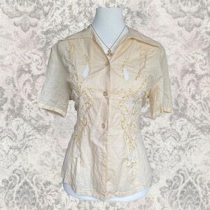 Elegant Beige Embroidered Sequin Button-Up Women’s Collared Large Cotton Top